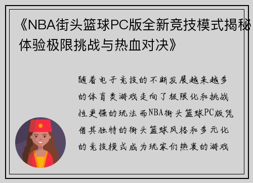 《NBA街头篮球PC版全新竞技模式揭秘 体验极限挑战与热血对决》