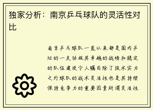 独家分析：南京乒乓球队的灵活性对比