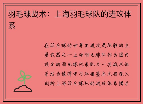 羽毛球战术：上海羽毛球队的进攻体系